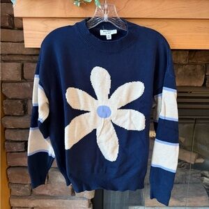 Eesome Navy Blue Sweater with Cream Daisy Flower and Stripe Size Medium